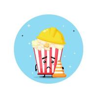 Cute popcorn mascot works in construction vector