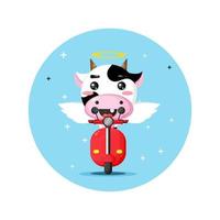 Cute angel cow riding classic motorbike vector