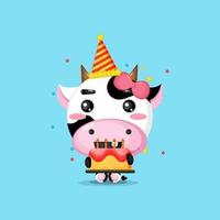 Cute cow brings birthday cake vector