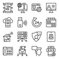 paquete de iconos lineales de comunicación, tecnología y dispositivos. vector