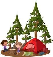 Two children with camping tent on white background vector