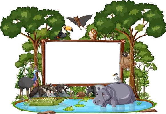 Empty banner with wild animals and rainforest trees on white background