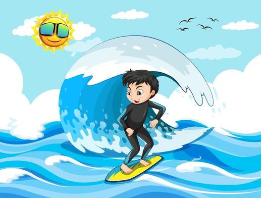 Big wave in the ocean scene with boy standing on a surf board