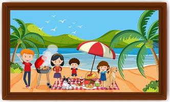 Happy family picnic at the beach scene photo in a frame vector