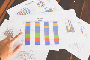 Financial graphs and charts on a wooden table photo