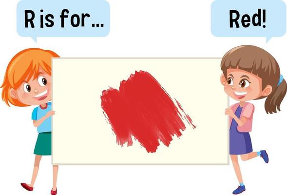 Cartoon character of two kids holding colour vocabulary banner