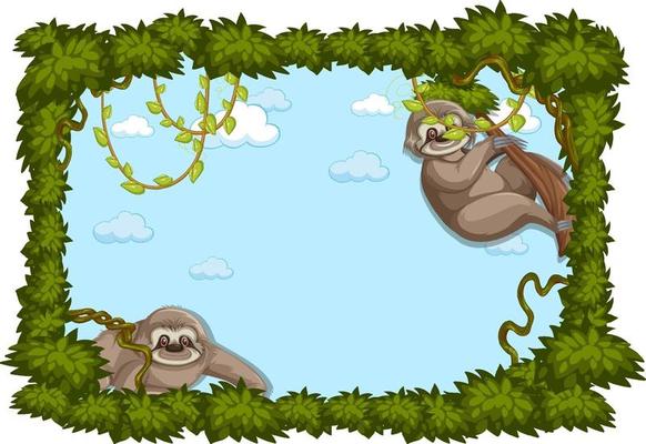 Empty banner with leaves frame and sloth cartoon character