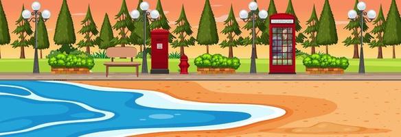 Beach horizontal scene at sunset time with park background vector