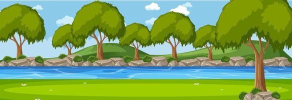 Forest along the river horizontal scene at day time with many trees vector