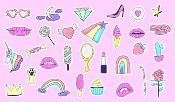 Large Set Of Colorful Hand Drawn Cute Unicorn Element Stickers vector