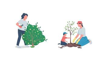 Working in garden flat color vector faceless character set