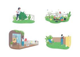 Spring garden maintenance flat color vector faceless character set