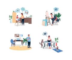 Stressed remote worker flat color vector faceless and detailed character set