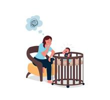 Tired mother with crying baby flat color vector detailed characters