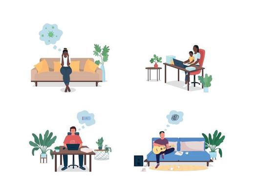 Stressed men and women at home flat color vector faceless and detailed characters set