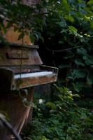Stand-up piano surrounded by shrubbery in a garden photo