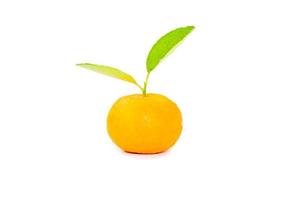 Single orange with stem and leaves isolated on white background photo