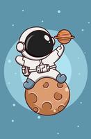 cute astronaut on the moon with planet saturn cartoon illustration vector