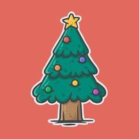 Pine tree with colorful lamps and star hand drawn vector illustration
