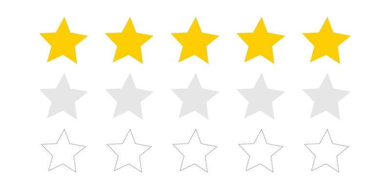 Star icon. Vector yellow isolated five stars. Vector 5 stars rating review. Quality shape design.