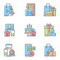 Cash back and cost reduction RGB color icons set vector