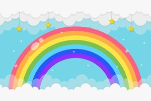 Rainbow background with clouds and stars vector