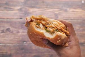 Hand holding half-eaten sandwich photo