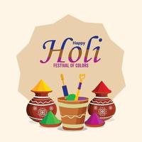 Happy holi hindu festival with color bucket and color gun vector