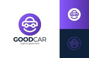 diseño de logotipo de coche feliz. sonrisa plantilla de diseño de logotipo de vector de coche. cara del coche en círculo. diseño de logotipo divertido.