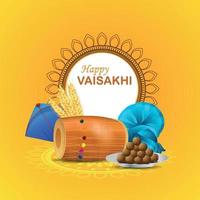 realista tarjeta de felicitación feliz vaisakhi con dhol y cometa vector