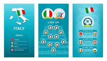 European 2020 football vertical banner set for social media. Italy group A banner with isometric map, pin flag, match schedule and line-up on soccer field vector