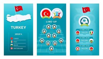 Conjunto de banner vertical de fútbol europeo 2020 para redes sociales. Turquía agrupa una pancarta con mapa isométrico, bandera pin, calendario de partidos y alineación en el campo de fútbol vector