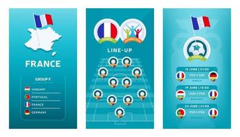 Conjunto de banner vertical de fútbol europeo 2020 para redes sociales. Bandera del grupo f de Francia con mapa isométrico, bandera pin, calendario de partidos y alineación en el campo de fútbol vector