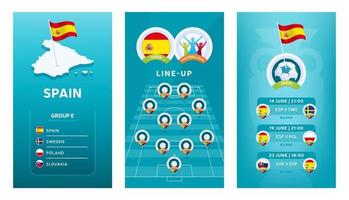 European 2020 football vertical banner set for social media. Spain group E banner with isometric map, pin flag, match schedule and line-up on soccer field vector