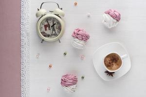 Marshmallows handmade white and pink with coffee photo