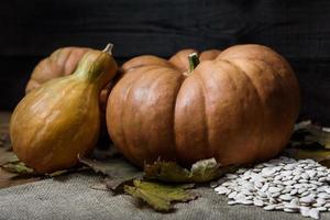 Pumpkins lying on a wooden table photo
