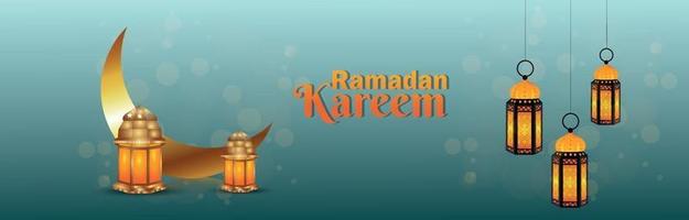 Creative banner of ramadan kareem with golden lantern vector