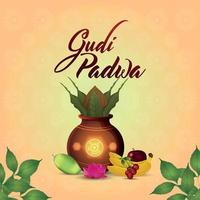 Tarjeta de felicitación de celebración de gudi padwa y fondo con kalash tradicional vector