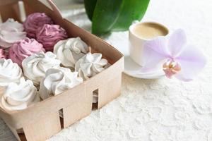 Marshmallows handmade white and pink with coffee photo