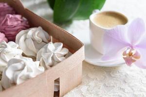 Marshmallows handmade white and pink with coffee photo