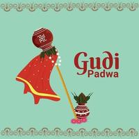 Gudi padwa or happy ugadi greeting card with kalash vector