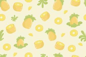 pineapple fruit fresh seamless pattern. Pineapples and leaves on yellow seamless pattern. Modern tropical exotic fruit design for wrapping paper, textile, banner, web, app. Bright juicy yellow pineapple fruits and soft green leaves vector