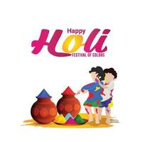 Holi realistic illustration and color mud pot and background vector