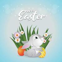 Painted easter eggs and bunny with green grass and background vector