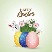 Easter day greeting card with colorful painted egg and cute bunny vector