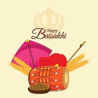 Colorful kites and dhol for happy vaisakhi sikh festival background vector
