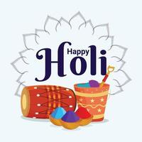 Happy holi greeting card with flat dhol and color bowl vector