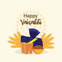 Sikh festival happy vaisakhi greeting card and background with creative flat elements vector