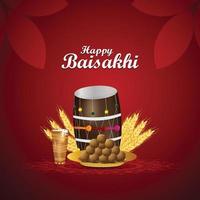 Realistic elements of happy vaisakhi with drum and sikh turban vector