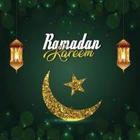 Ramadan kareem islamic festival with golden lantern on green background vector